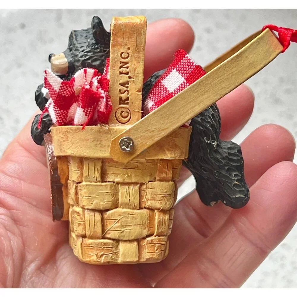 Black Bear In Basket Christmas Ornament With Red Ribbon By KSA Inc. NIB - Picture 6 of 10